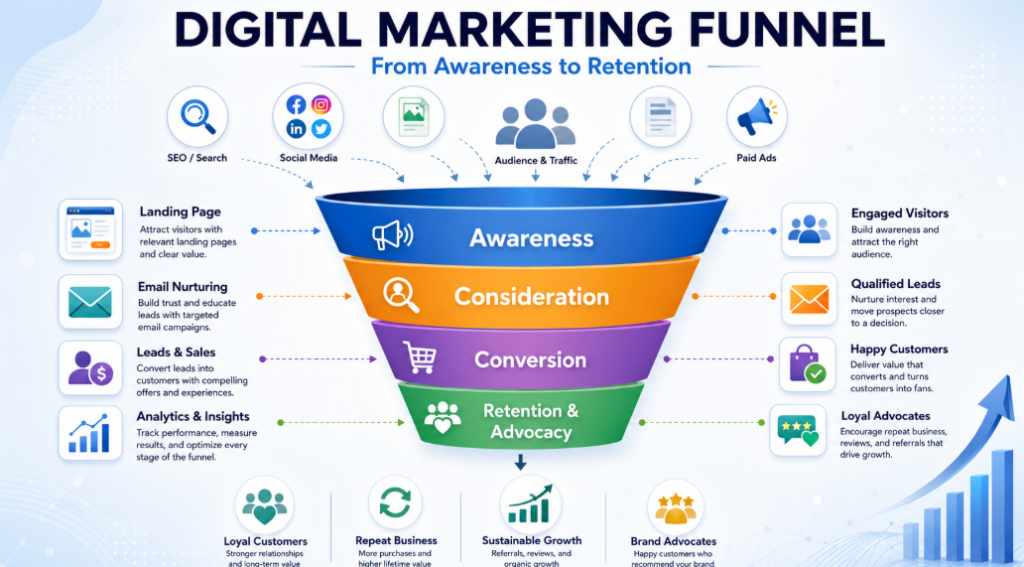 Digital marketing funnel showing awareness, consideration, conversion, and retention stages for a Nepal business